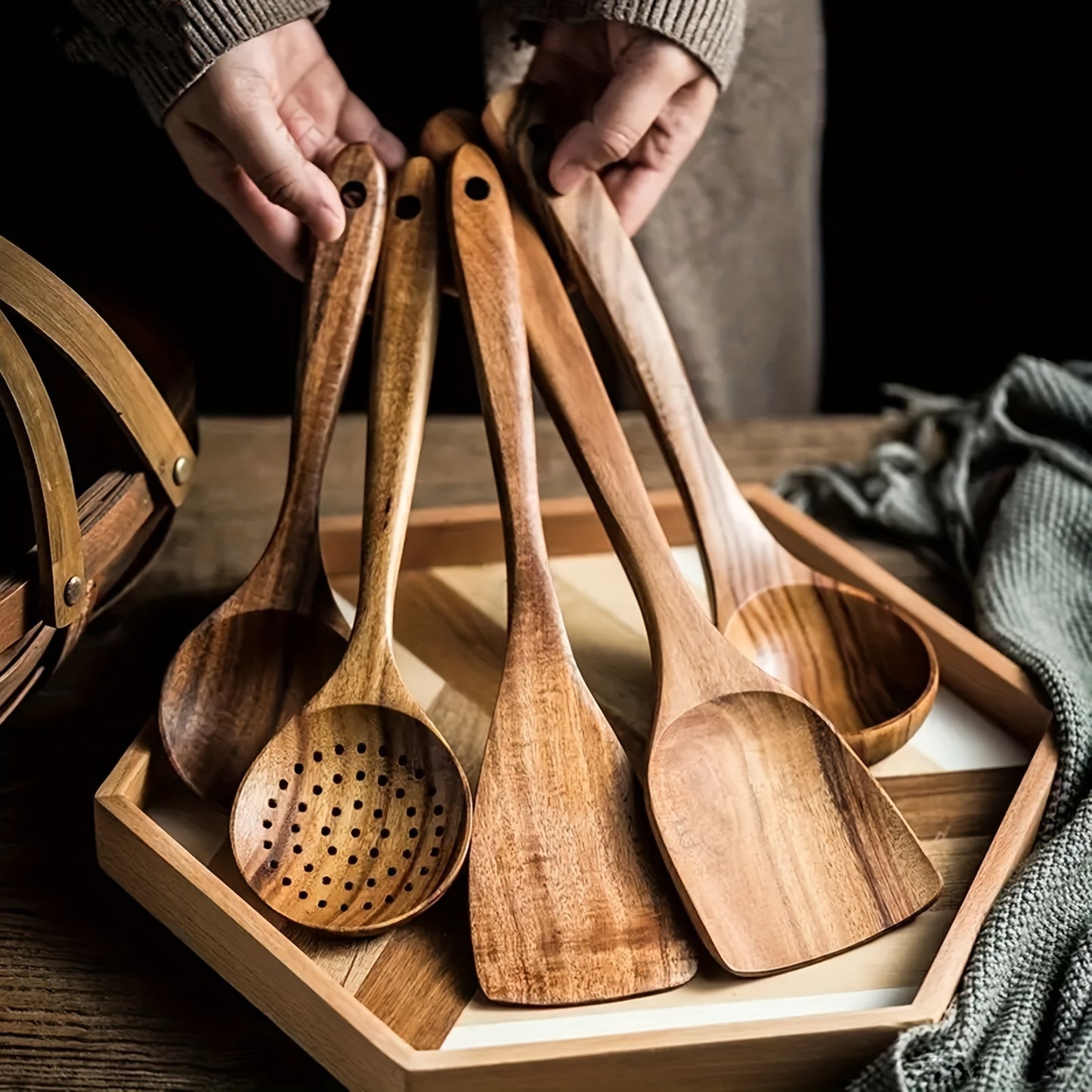 5pcs Wooden Kitchen Utensil Set – Eco-Friendly Tools for Non-Stick Cookware